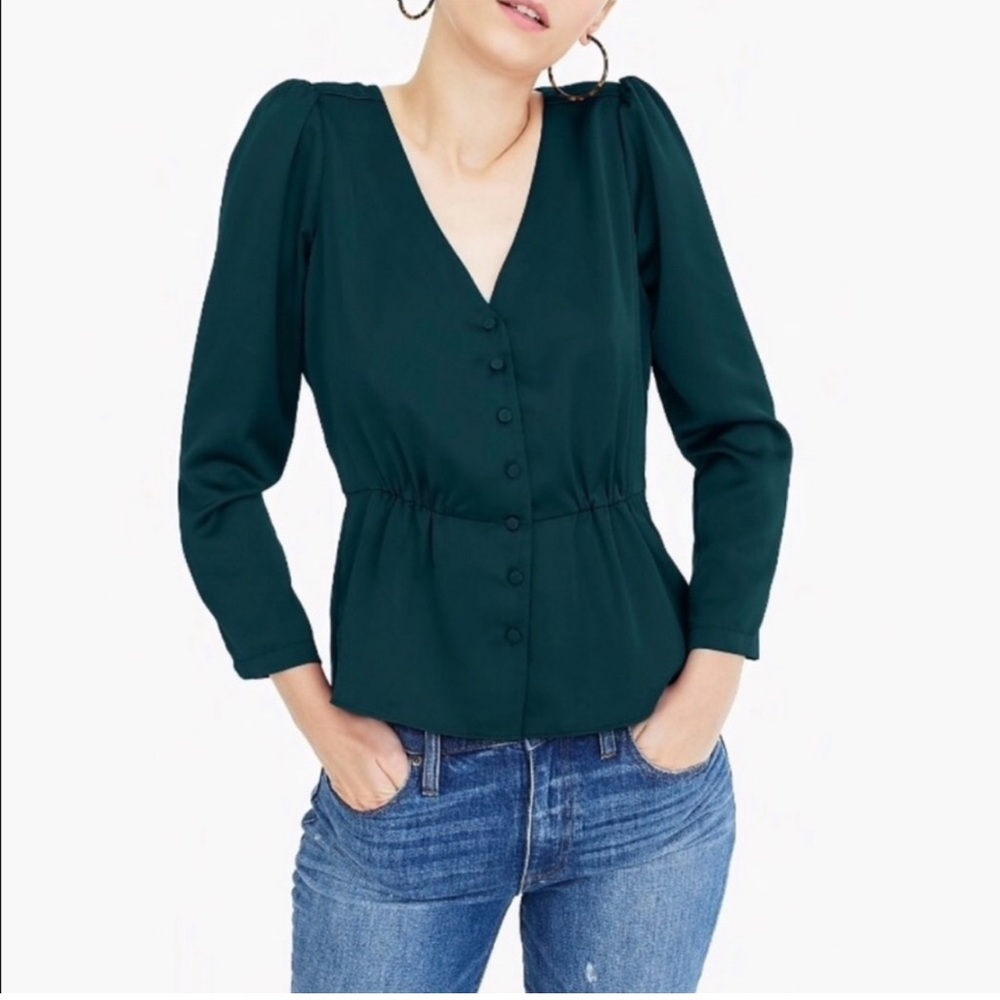 J. CREW Green Long-sleeve peplum top in satin-crepe